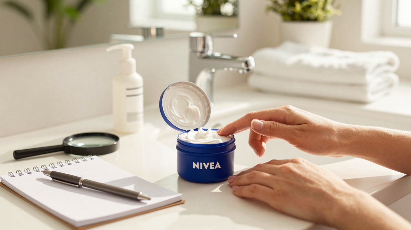 Hand berührt Nivea-Creme auf Badezimmerwaschbecken mit Notizblock, Stift und Lupe im Hintergrund.