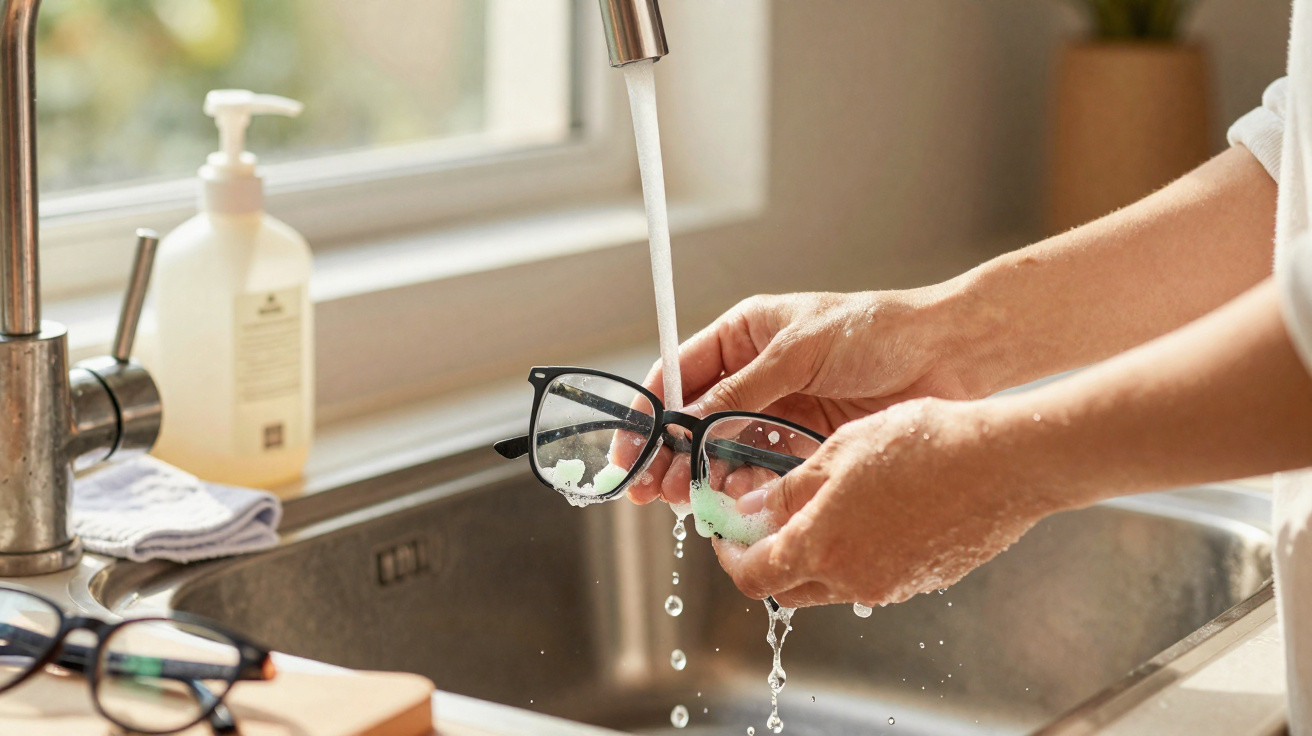 Person reinigt schwarze Brille mit Seife und Wasser über der Küchenspüle am Fenster.
