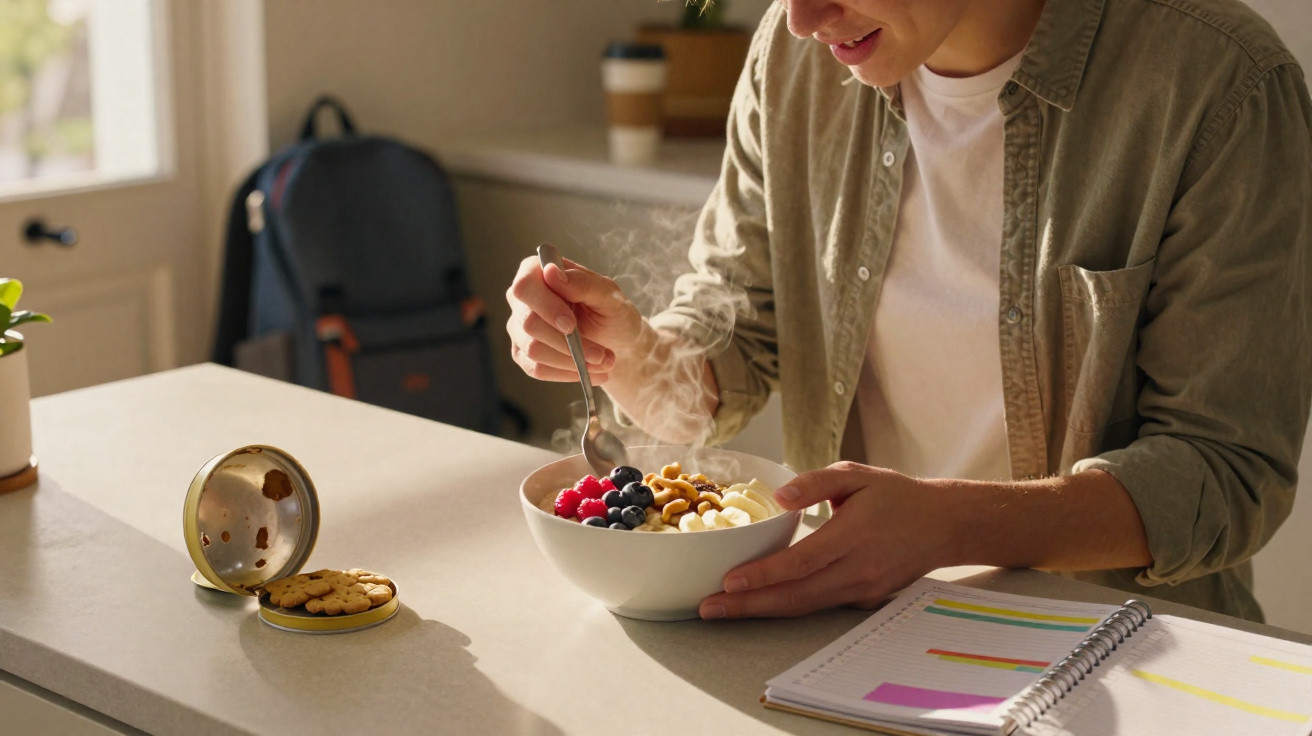 Mann isst eine warme Früchte- und Nuss-Bowl am Küchentisch mit geöffnetem Notizbuch und Keksen.