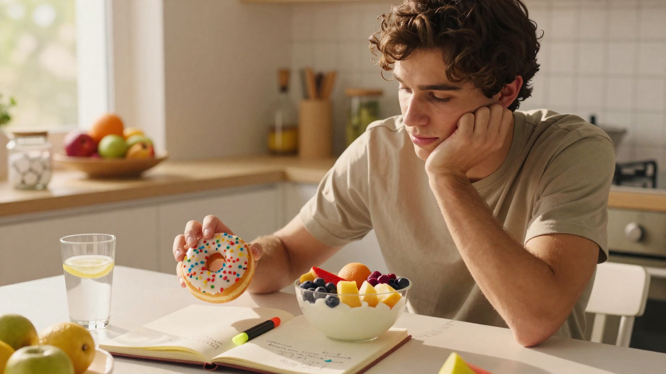 Junger Mann sitzt am Tisch mit einem Donut, einem Notizbuch und einer Schüssel Obst in moderner Küche.