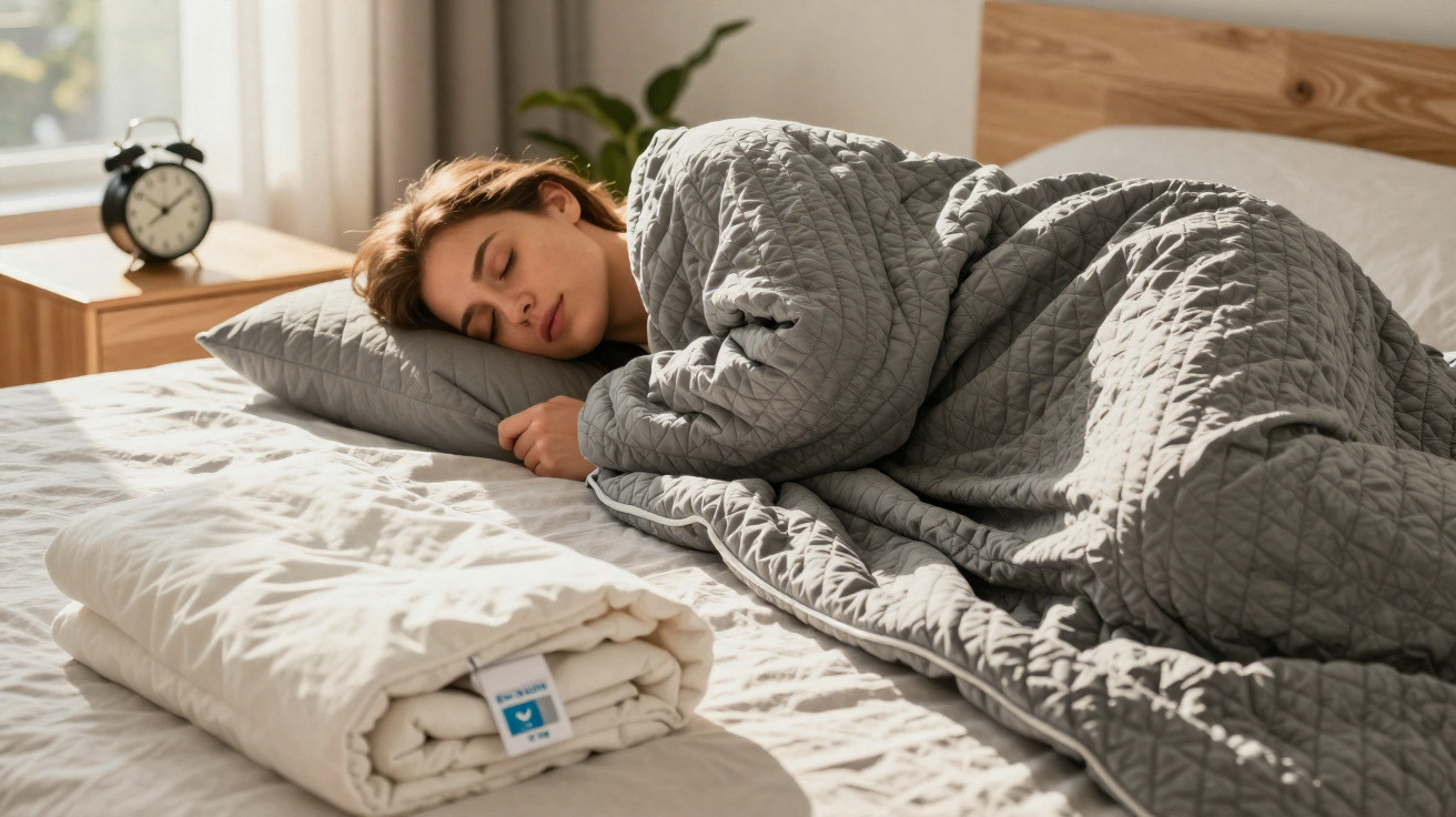Frau schläft eingekuschelt in einer grauen Decke auf einem Bett in einem hellen Schlafzimmer.