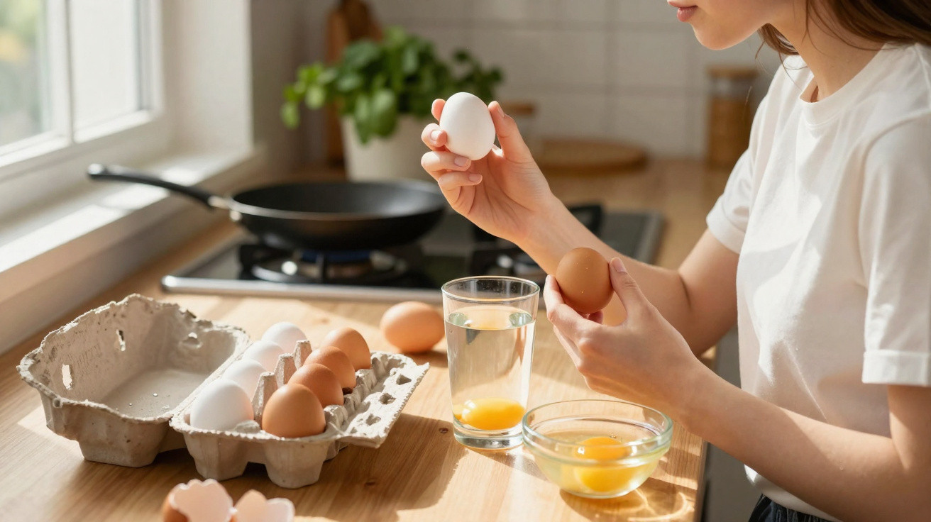 Frau hält ein weißes und ein braunes Ei beim Kochen in einer sonnendurchfluteten Küche.