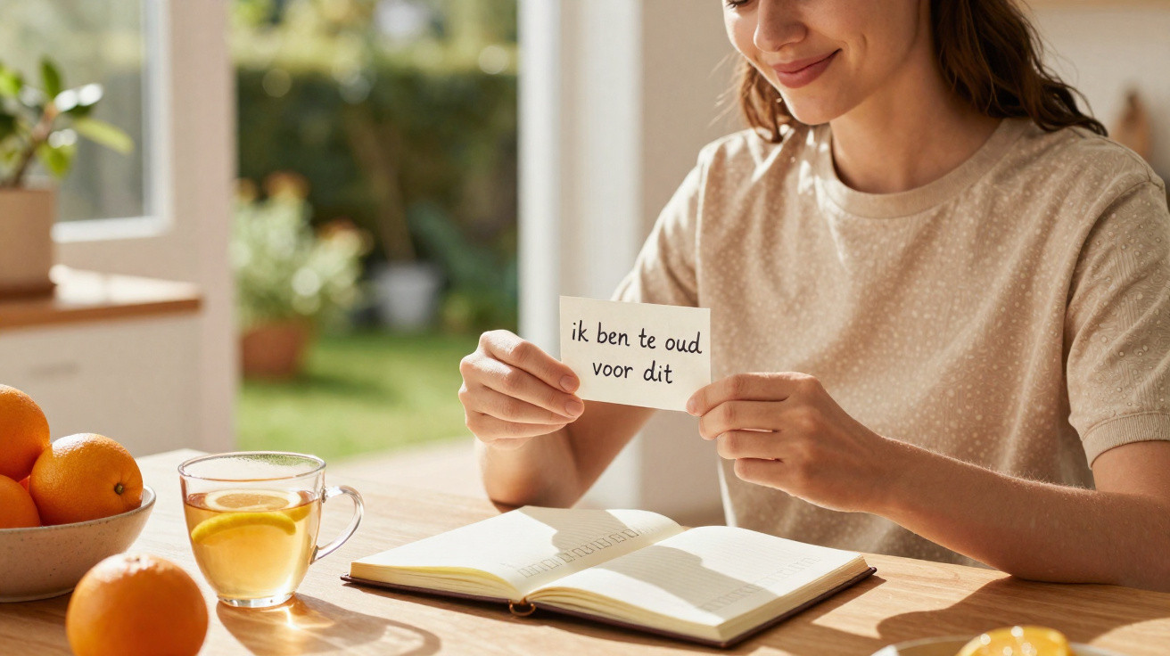 Frau liest handgeschriebene Karte mit niederländischem Text am Tisch mit Buch, Orangen und Tee.