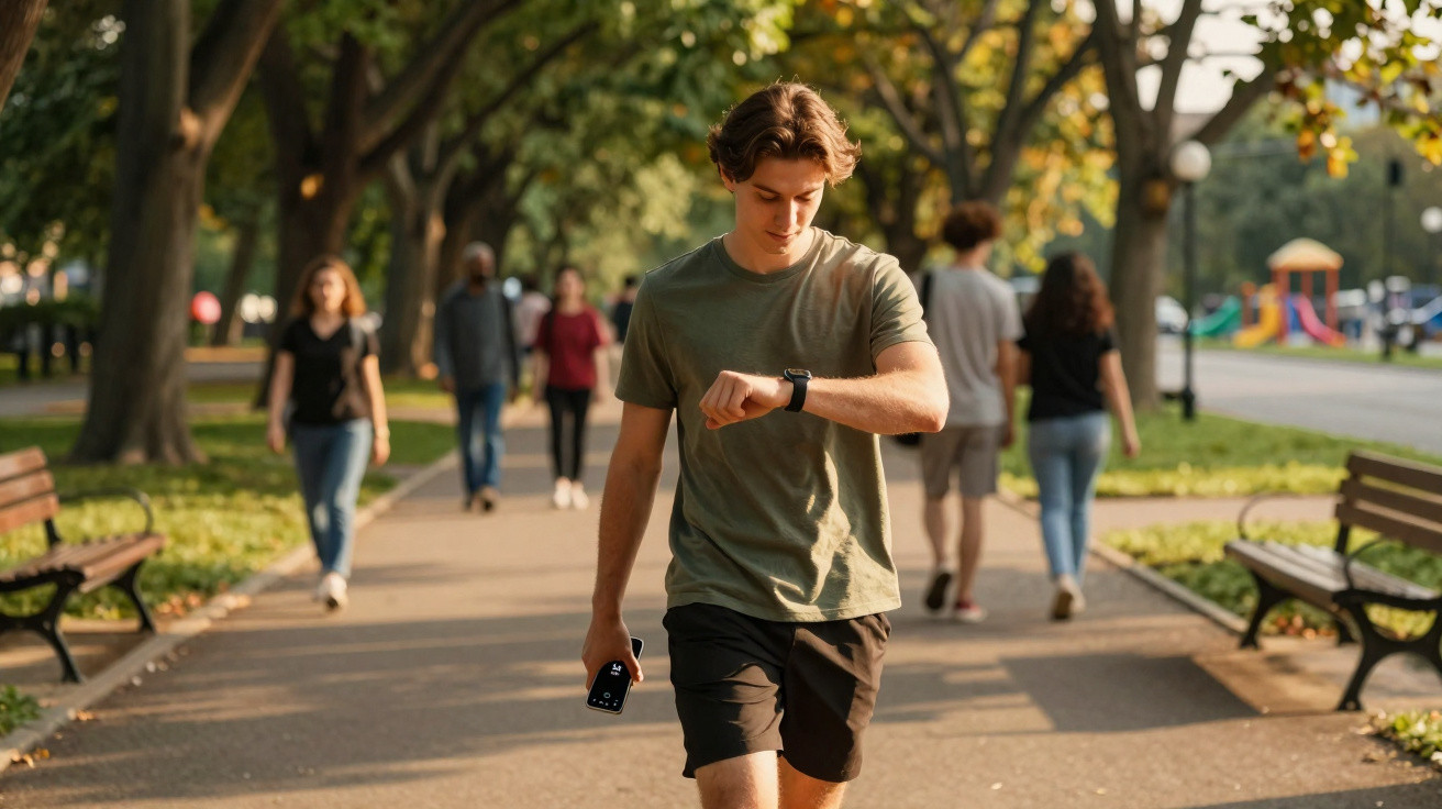 Junger Mann mit Smartphone schaut im Park während eines Spaziergangs auf seine Smartwatch.