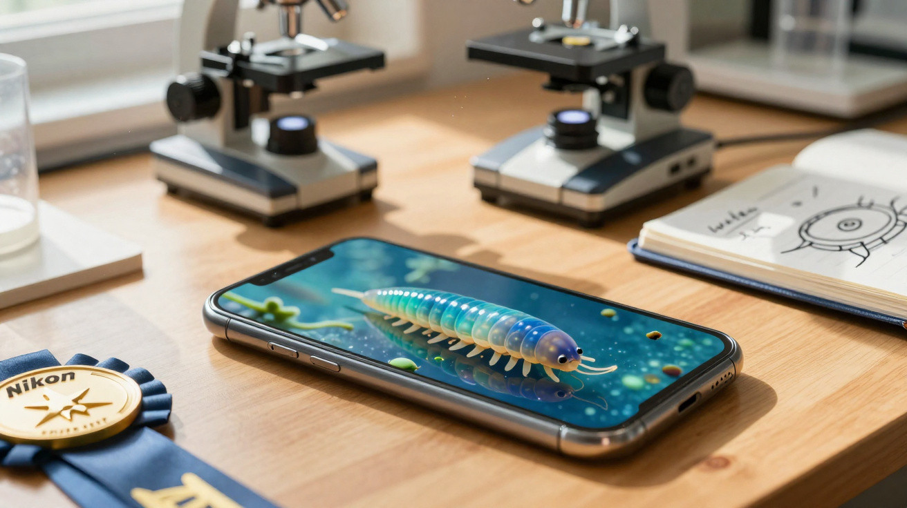 Smartphone mit 3D-Bild eines vielbeinigen Tiers auf Schreibtisch mit Mikroskopen und Skizzen.