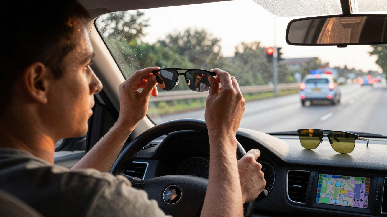 Mann im Auto hält Sonnenbrille vor Augen, fährt auf Straße mit Stau und roter Ampel im Hintergrund.