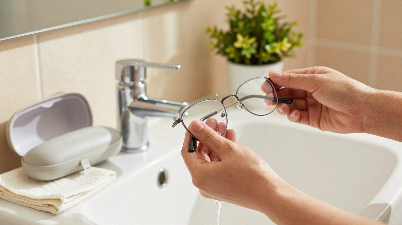 Person reinigt runde Brille mit Wasser über einem weißen Waschbecken im Badezimmer.