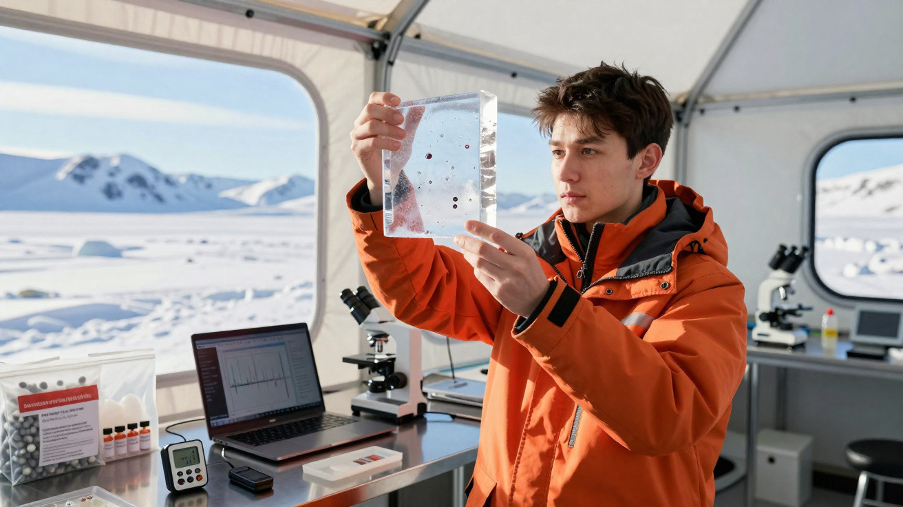 Wissenschaftler in oranger Jacke untersucht Eisprobe in Forschungszelt mit Schneebergen im Hintergrund.