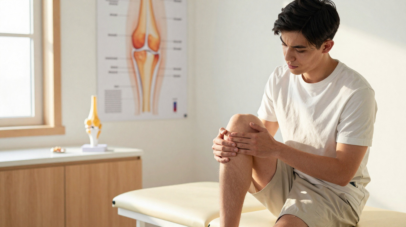 Junger Mann hält sich schmerzhaft das Knie in einer Arztpraxis mit Gelenkmodell und Anatomie-Poster.