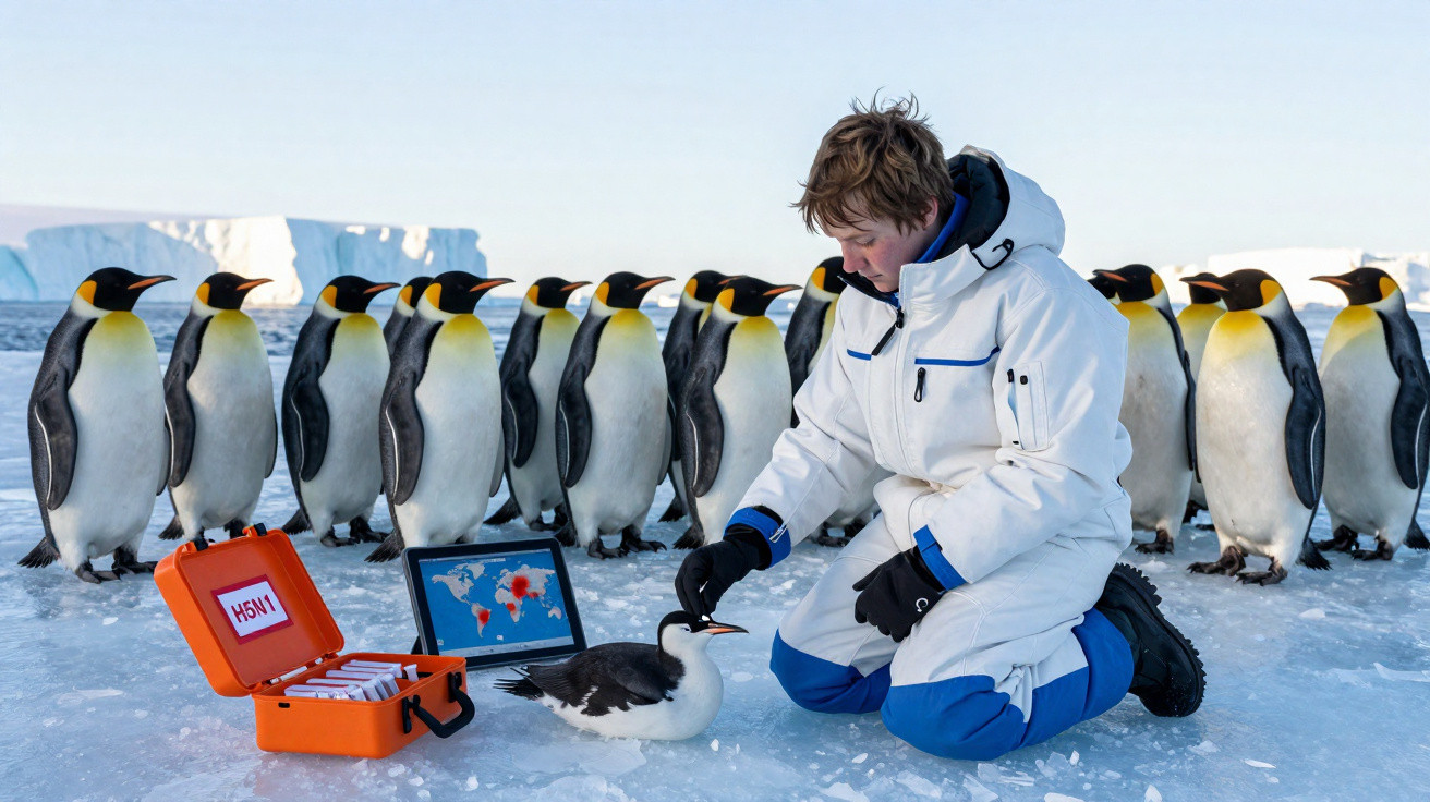 Forscher in Winterkleidung untersucht Pinguinjunges, umgeben von erwachsenen Kaiserpinguinen auf Eis.
