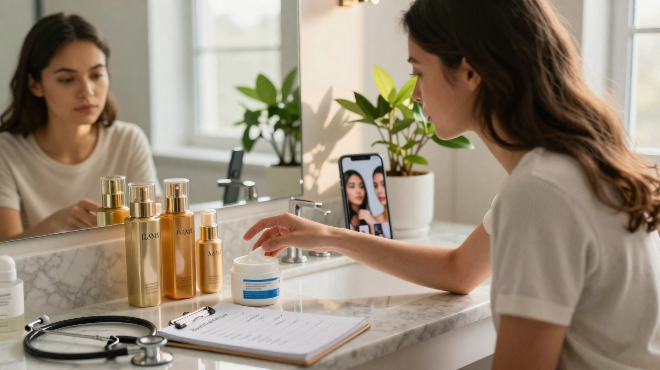 Frau nimmt Creme in Badezimmer, Handy zeigt Videoanruf, Stethoskop und Klemmbrett auf Marmorwaschtisch.