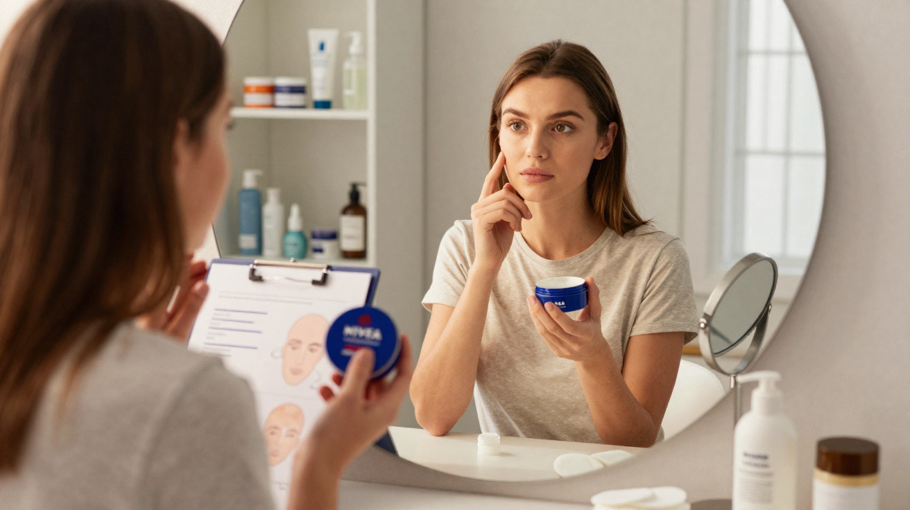 Frau hält Nivea-Creme, schaut in Spiegel und trägt Creme auf Gesicht in hellem Badezimmer auf.