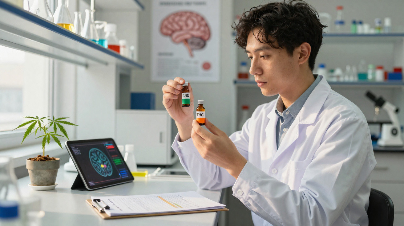 Wissenschaftler im Labor hält CBD- und THC-Fläschchen, neben Cannabis-Pflanze und Hirn-Scan am Tablet.
