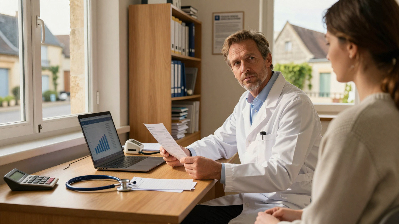 Arzt in weißem Kittel erklärt Patientin im Gespräch am Schreibtisch mit Laptop und Unterlagen.