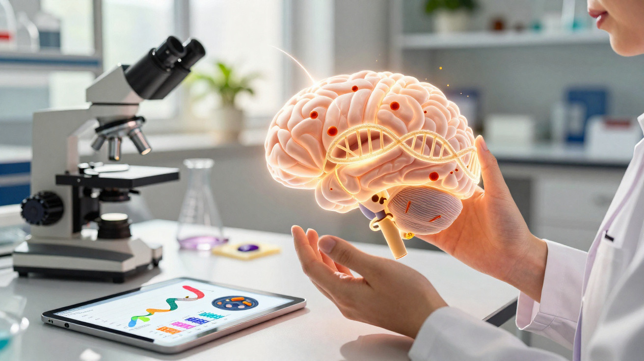 Wissenschaftlerin analysiert digitales 3D-Modell eines Gehirns mit DNA-Strang im Labor neben Mikroskop und Tablet.