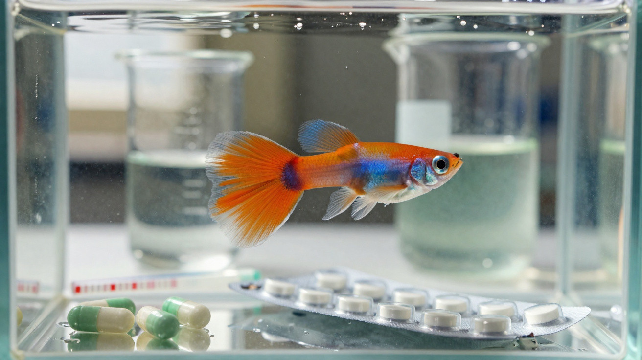 Bunter Guppy schwimmt im Glasbehälter mit Tabletten und Kapseln auf dem Boden.