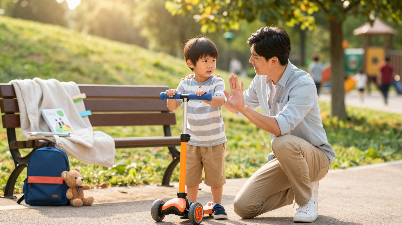 Vater gibt seinem Sohn auf dem Tretroller im Park einen Highfive, Bank und Rucksack im Hintergrund.