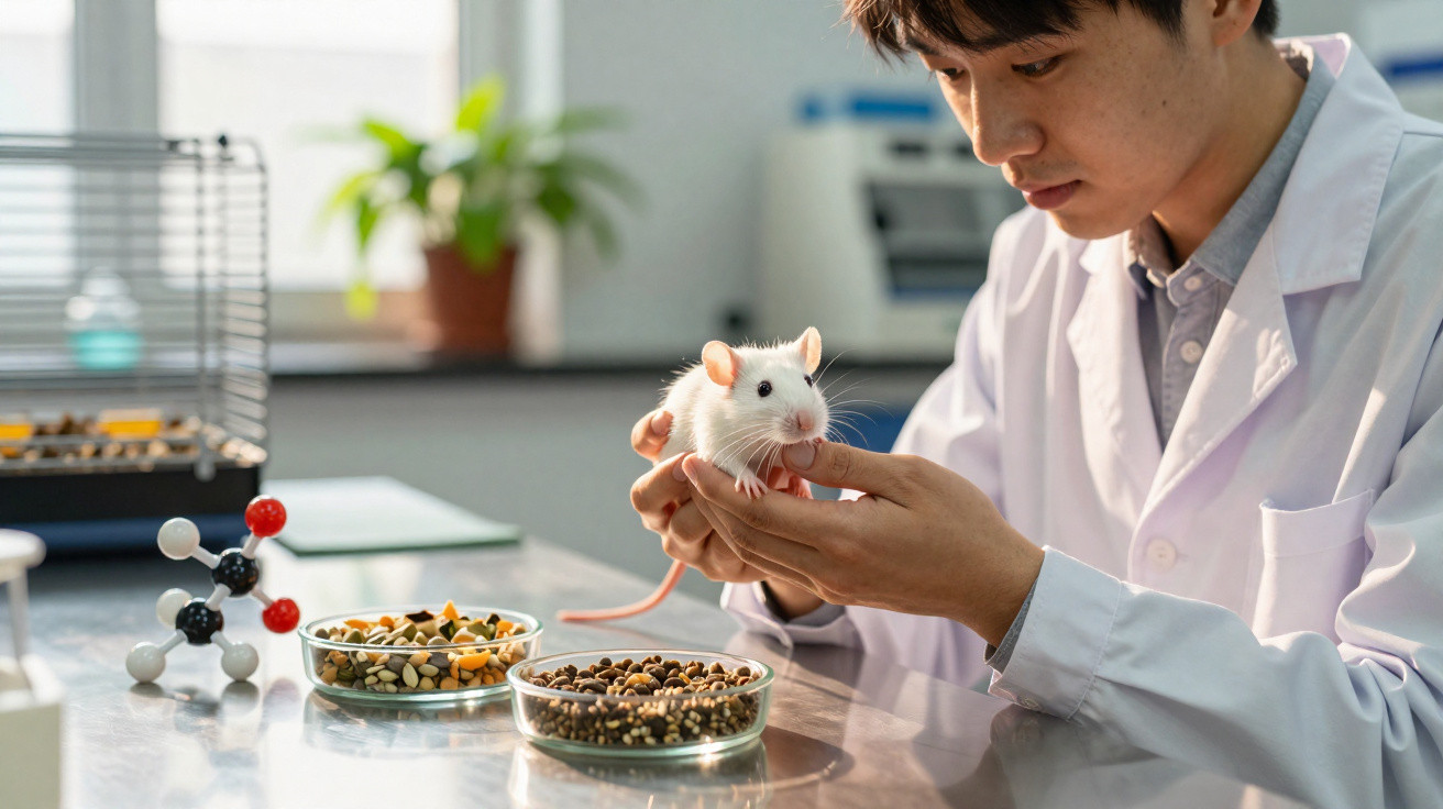 Wissenschaftler im Labor hält eine weiße Laborratte, neben Futterschalen und Molekülmodell auf dem Tisch.