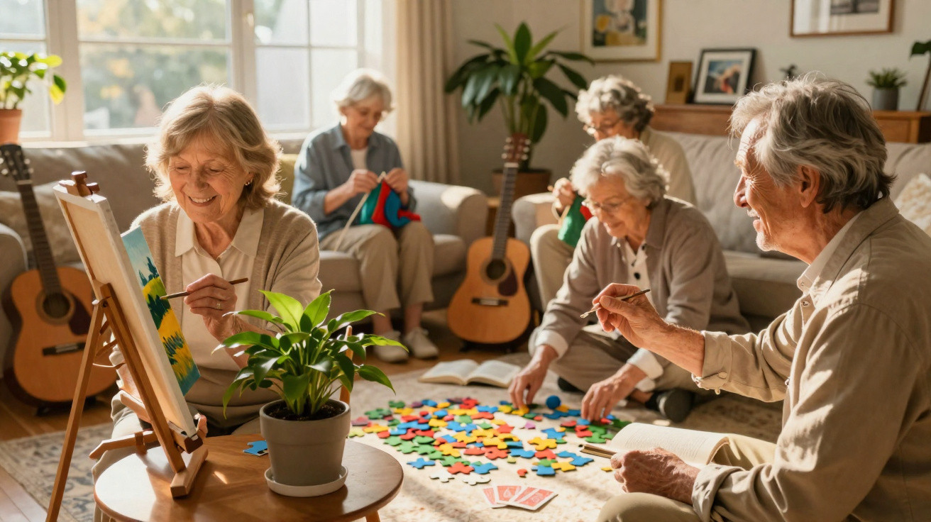 Ältere Menschen verbringen Zeit gemeinsam drinnen mit Malen, Stricken und Puzzlespielen in hellem Wohnzimmer.