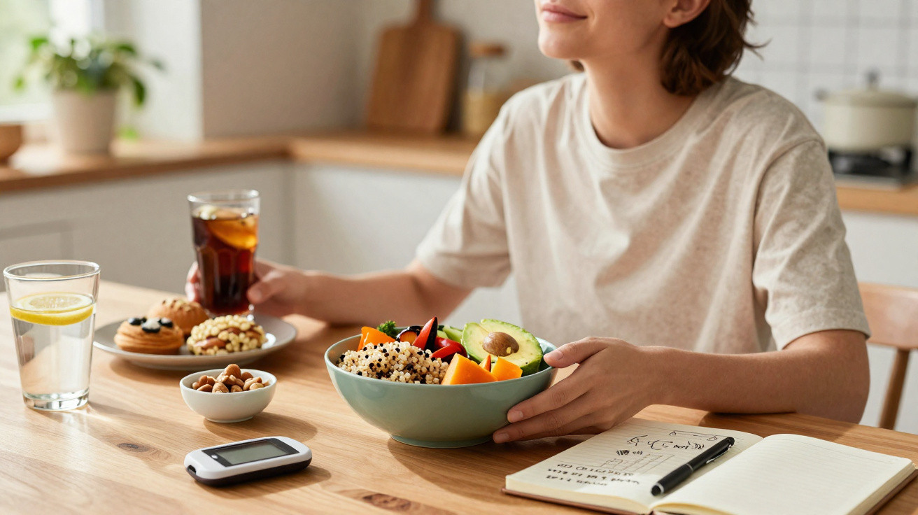 Frau sitzt am Tisch mit gesundem Salat, Getränken, Snacks, Glukosemessgerät und Notizbuch in heller Küche.