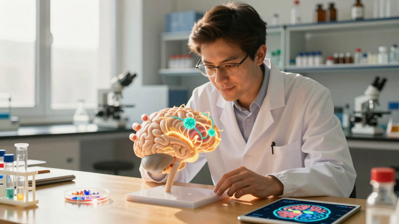 Wissenschaftler im Labor untersucht ein 3D-Hirnmodell mit digitalen neuronalen Verbindungen.