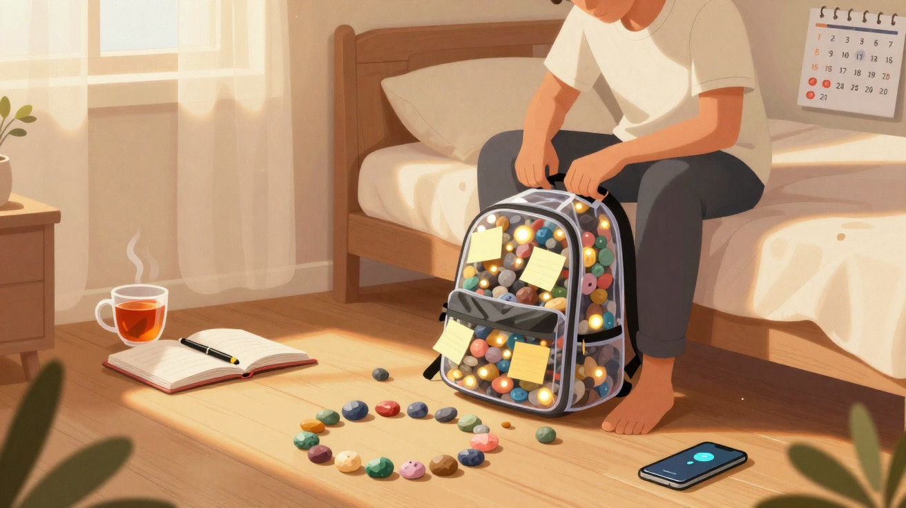 Mann sitzt auf Bett und packt einen durchsichtigen Rucksack voller bunter Kugeln in gemütlichem Zimmer ein.