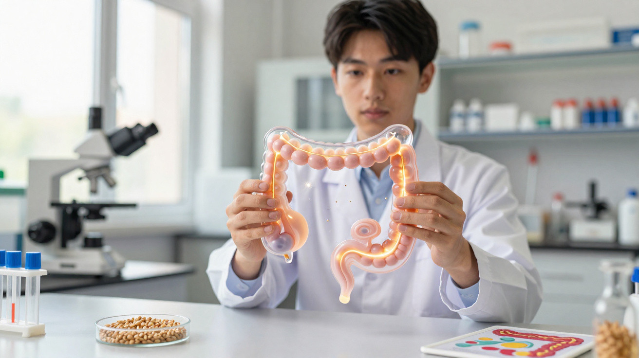 Wissenschaftler im Labor hält ein leuchtendes 3D-Modell des menschlichen Dickdarms in den Händen.