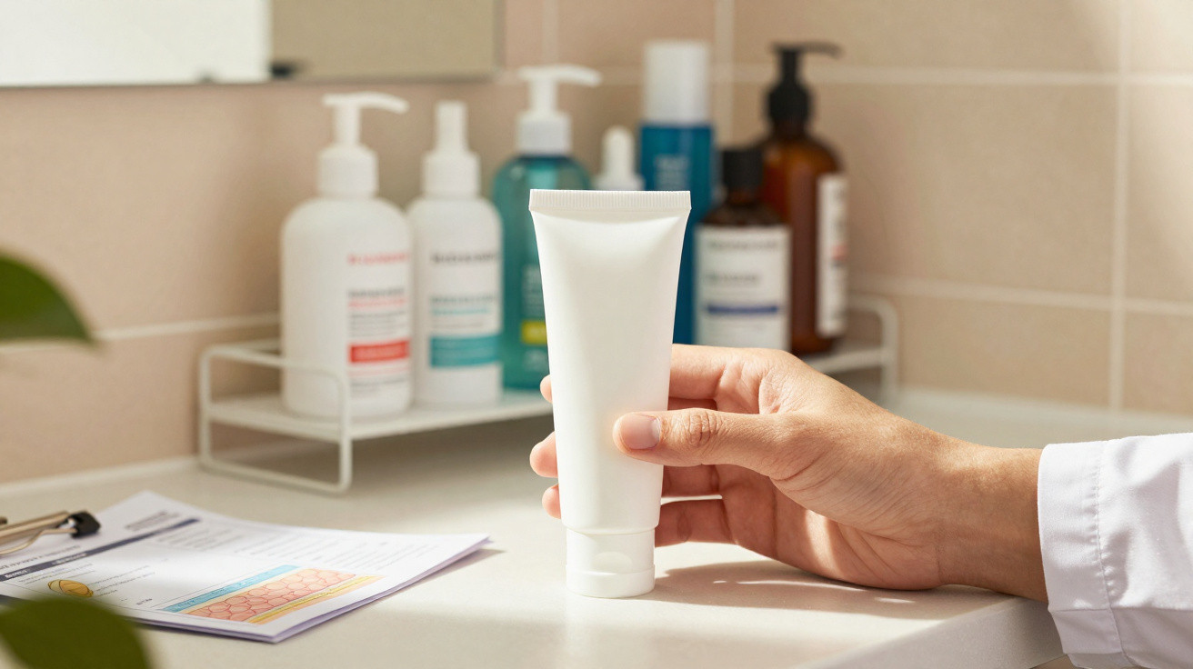 Hand hält eine weiße Creme- oder Lotiontube vor Pflegeprodukten auf einem Badezimmerregal.
