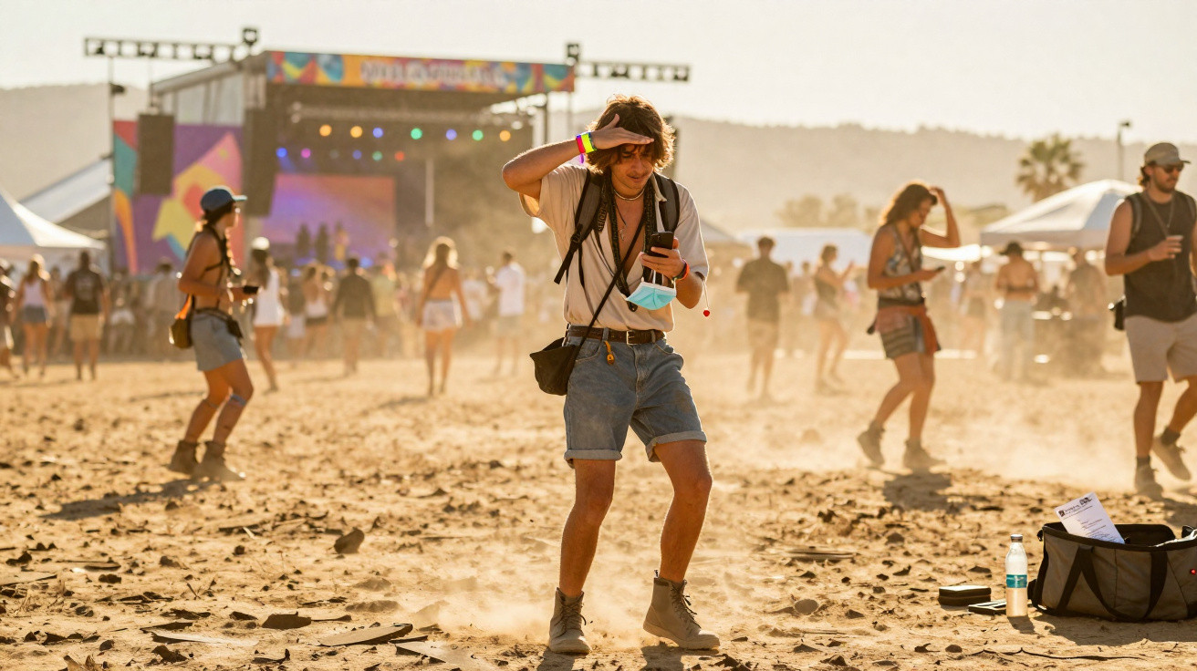 Junger Mann mit Rucksack schaut bei Sonne auf Smartphone auf staubiger Festivalwiese mit Bühne im Hintergrund.