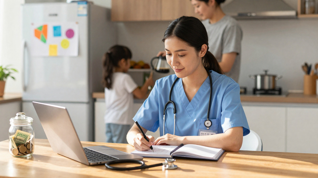 Junge Krankenpflegerin arbeitet im Notizbuch zu Hause, Kind und Mutter im Hintergrund in der Küche.