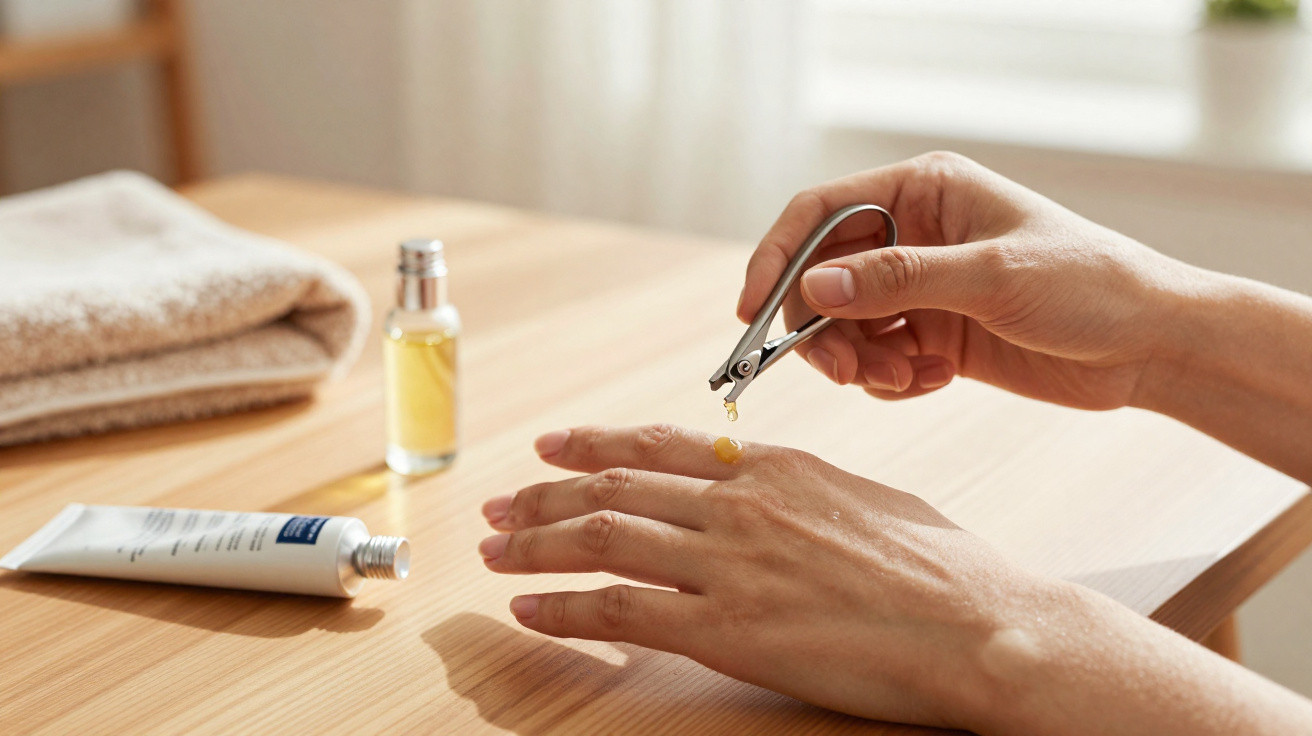 Handpflege mit Öl und Nagelknipser auf Holzoberfläche mit Handcreme und Handtuch im Hintergrund.