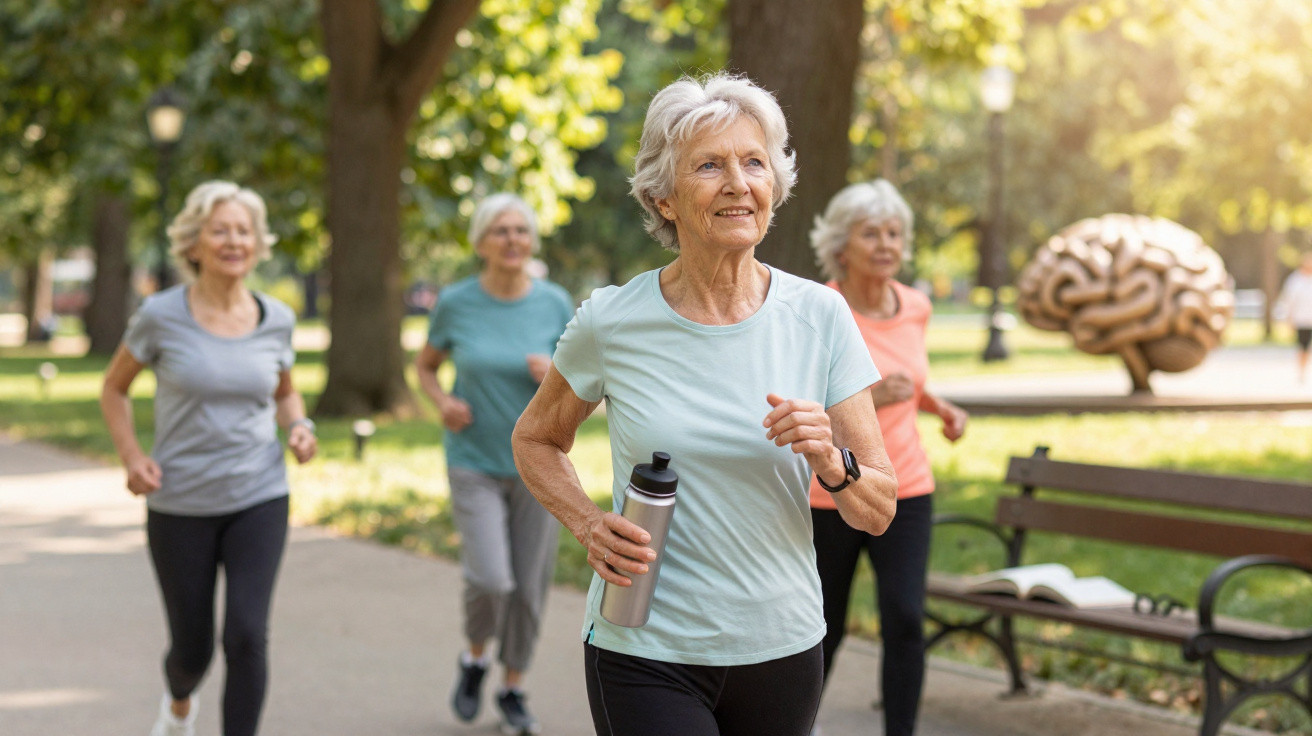 Ältere Frauen joggen gemeinsam im Park, eine trägt eine Trinkflasche, im Hintergrund Skulptur eines Gehirns.