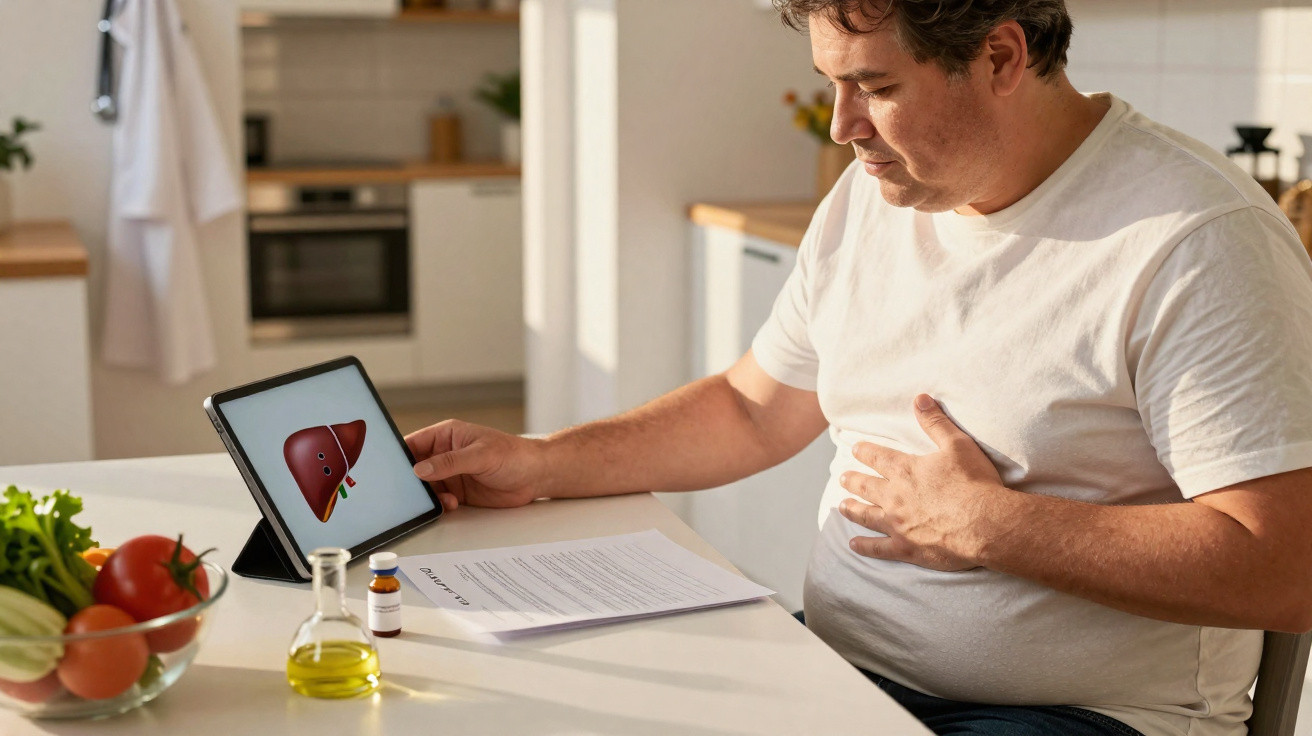 Mann hält sich den Bauch und sieht auf ein Tablet mit einer Abbildung einer Leber, sitzend am Küchentisch.