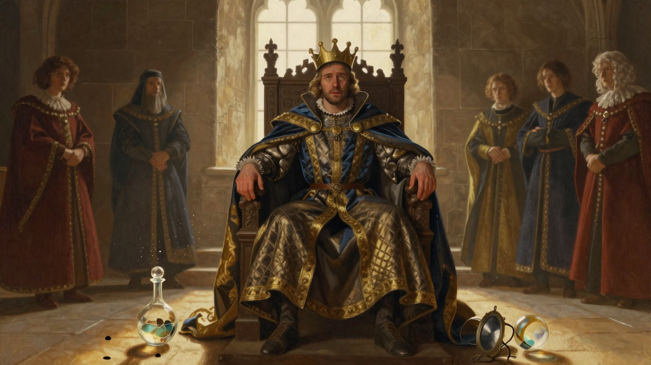 Ein König in prunkvoller Robe sitzt auf einem Thron, umgeben von Höflingen in historischem Gewand.