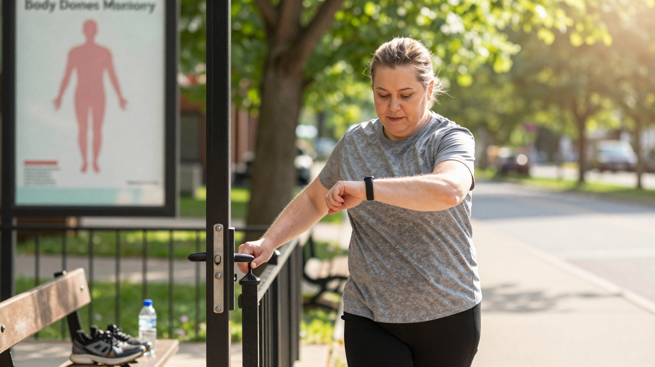 Frau in Sportkleidung prüft Smartwatch nach dem Training im Freien neben Parkbank mit Sportschuhen.