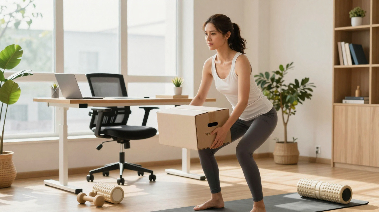 Frau macht Fitnessübung mit Karton im modernen Wohnzimmer mit Schreibtisch und Pflanzen.