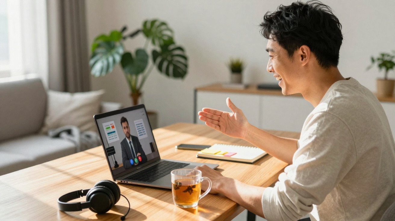 Junger Mann führt Videokonferenz auf Laptop, sitzt an Holzschreibtisch mit Tee und Kopfhörern.
