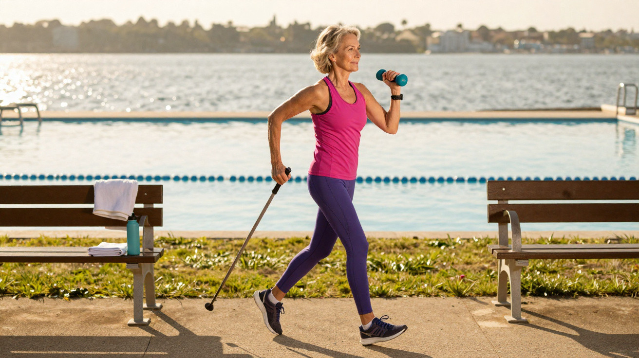 Ältere Frau macht Nordic Walking mit Hanteln neben Schwimmbecken bei Sonnenuntergang.