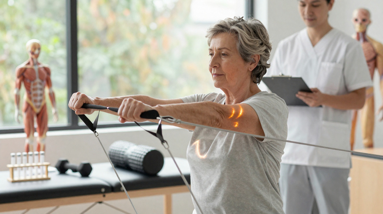 Ältere Frau macht Physiotherapie mit Widerstandsband, Physiotherapeut notiert Daten im Hintergrund.