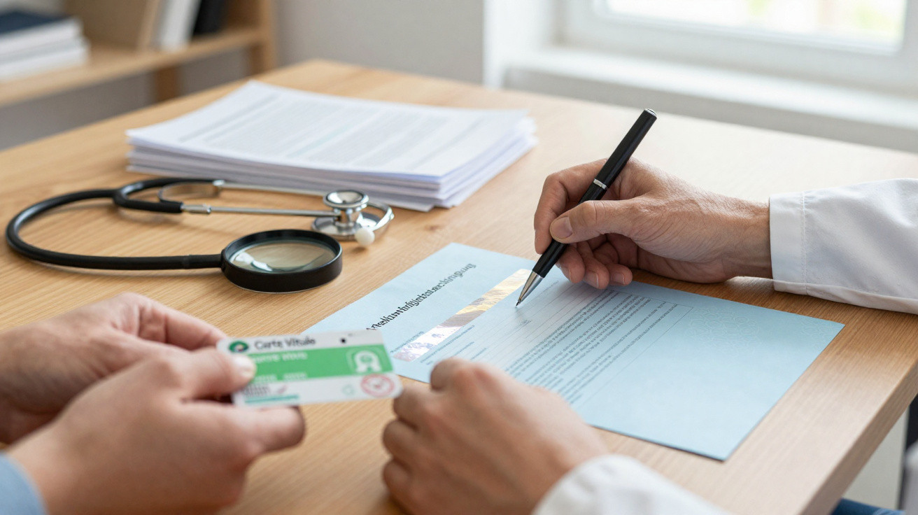 Arzt unterschreibt Dokument, Patient zeigt Gesundheitskarte, Stethoskop und Akten auf Schreibtisch.