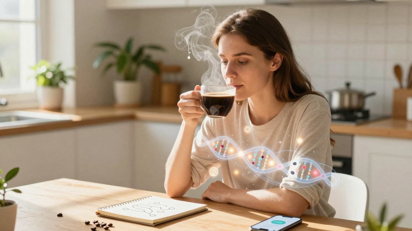 Frau trinkt Kaffee in der Küche, daneben Notizbuch mit Grafiken und aufsteigende DNA-Darstellung digital visualisiert.