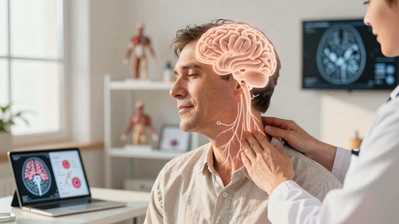 Arzt untersucht Patientenhals mit digitaler Gehirn- und Nervenüberlagerung in medizinischer Praxis.