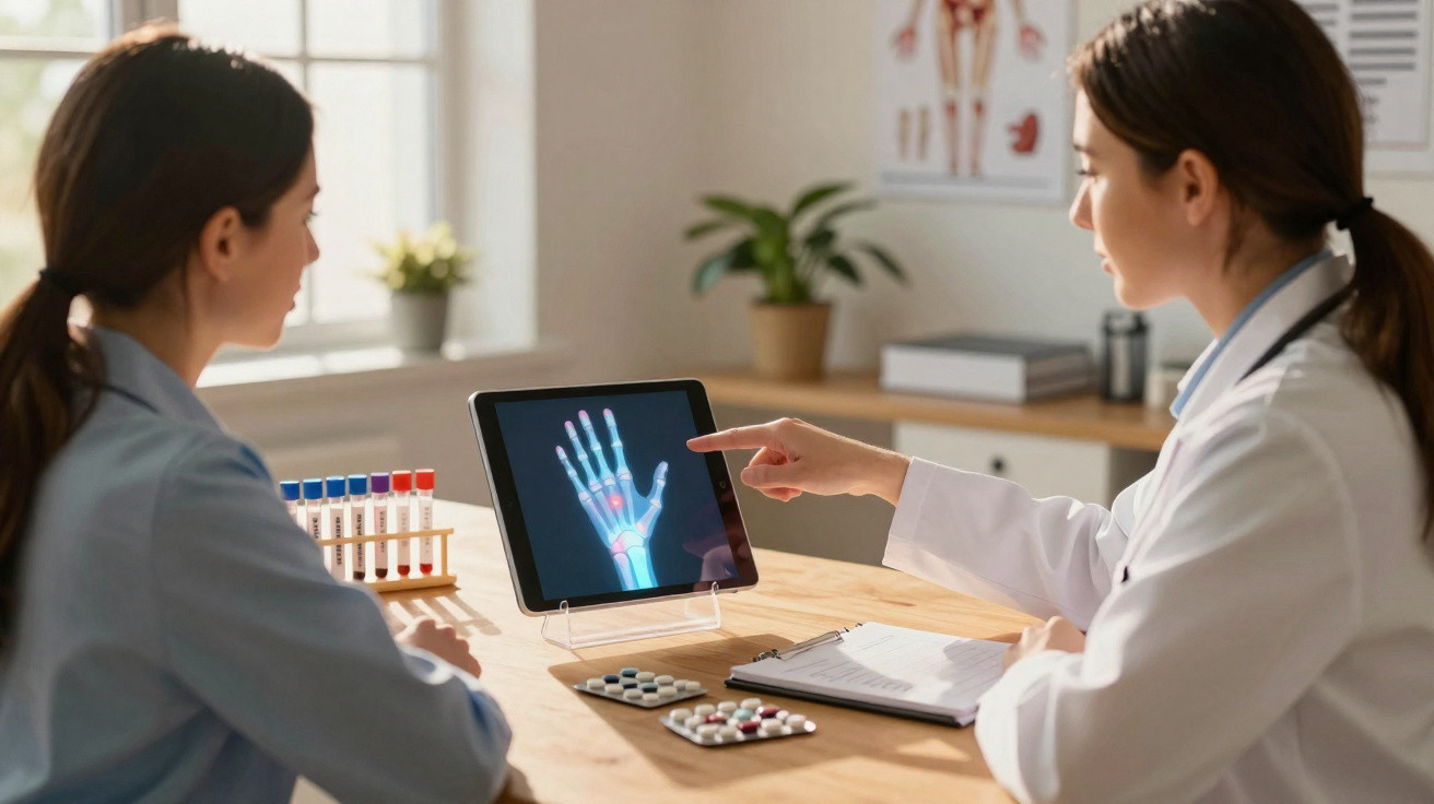 Ärztin erklärt Patientin anhand einer Handröntgenaufnahme auf Tablet Diagnosen und Behandlungsmöglichkeiten.