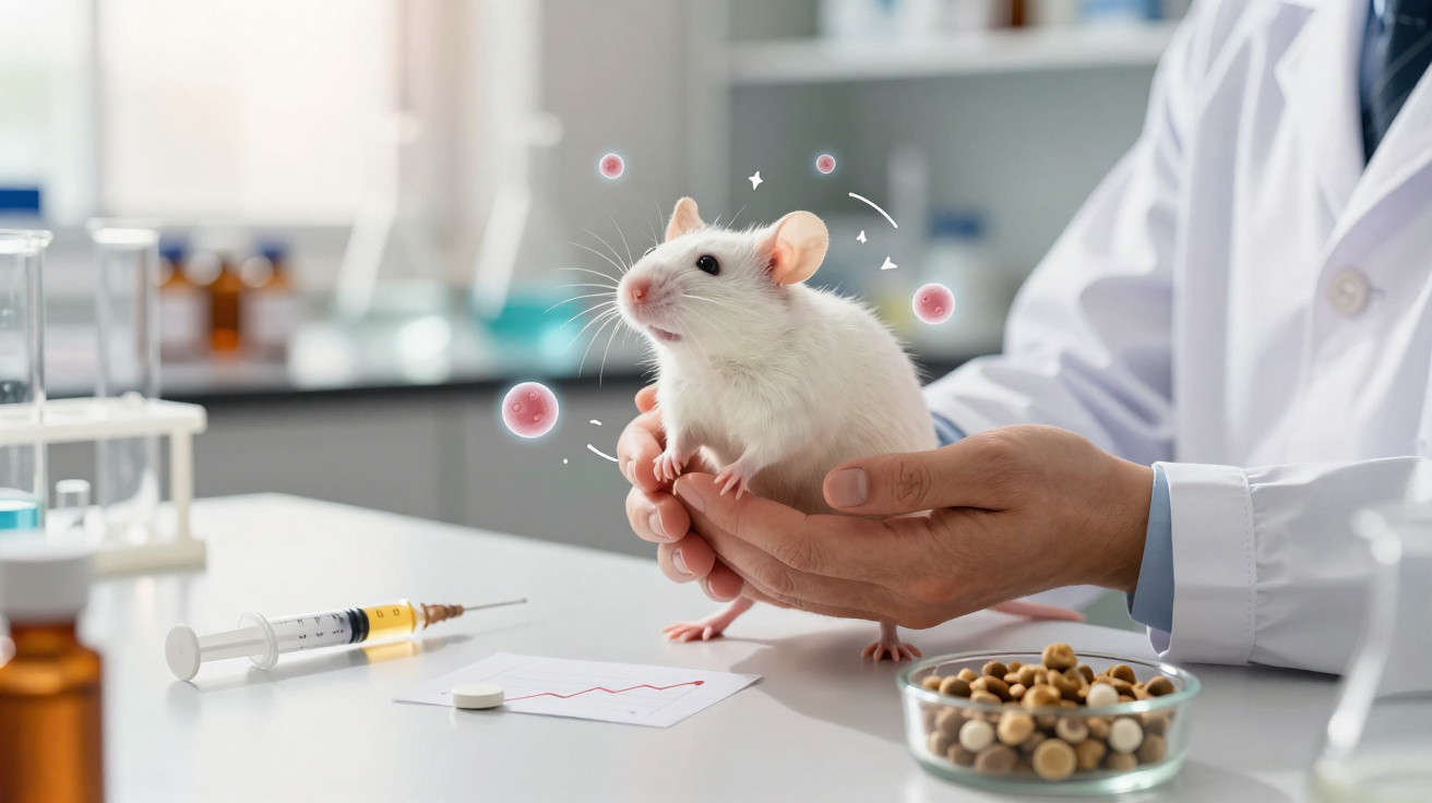 Weißes Labor-Maus wird von Wissenschaftler in weißen Handschuhen in Labor gehalten, Spritze und Pillen sichtbar.