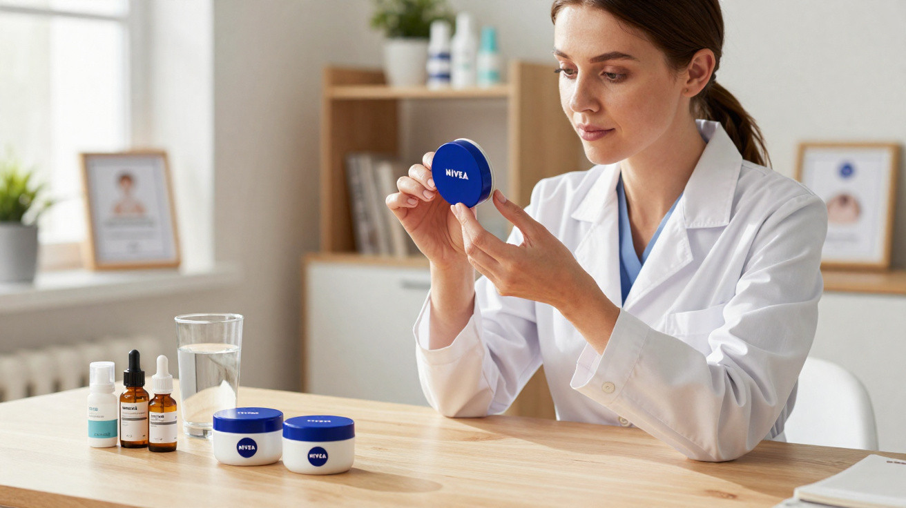 Frau in weißem Kittel hält Nivea Creme-Dose, auf Tisch weitere Pflegeprodukte und ein Glas Wasser.