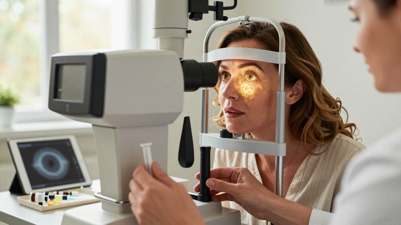 Frau bei augenärztlicher Untersuchung mit Leuchtring im linken Auge und moderner Diagnostikgerät vor ihr.