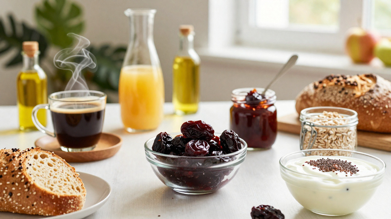 Frühstückstisch mit Kaffee, Orangensaft, Datteln, Joghurt, Körnerbrot und Marmelade vor Fensterlicht.