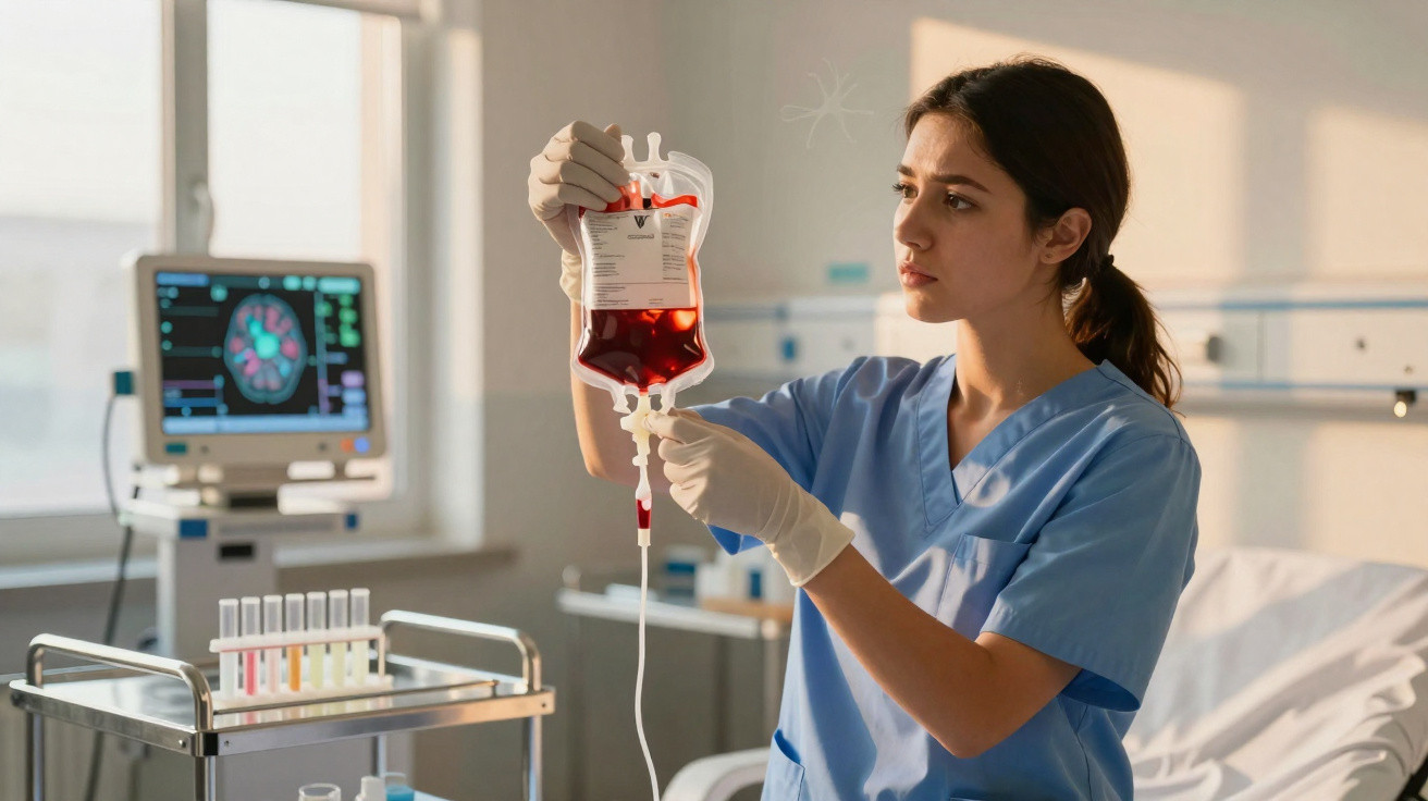 Pflegekraft überprüft Blutbeutel in einem hellen Krankenhauszimmer mit medizinischer Ausrüstung im Hintergrund.