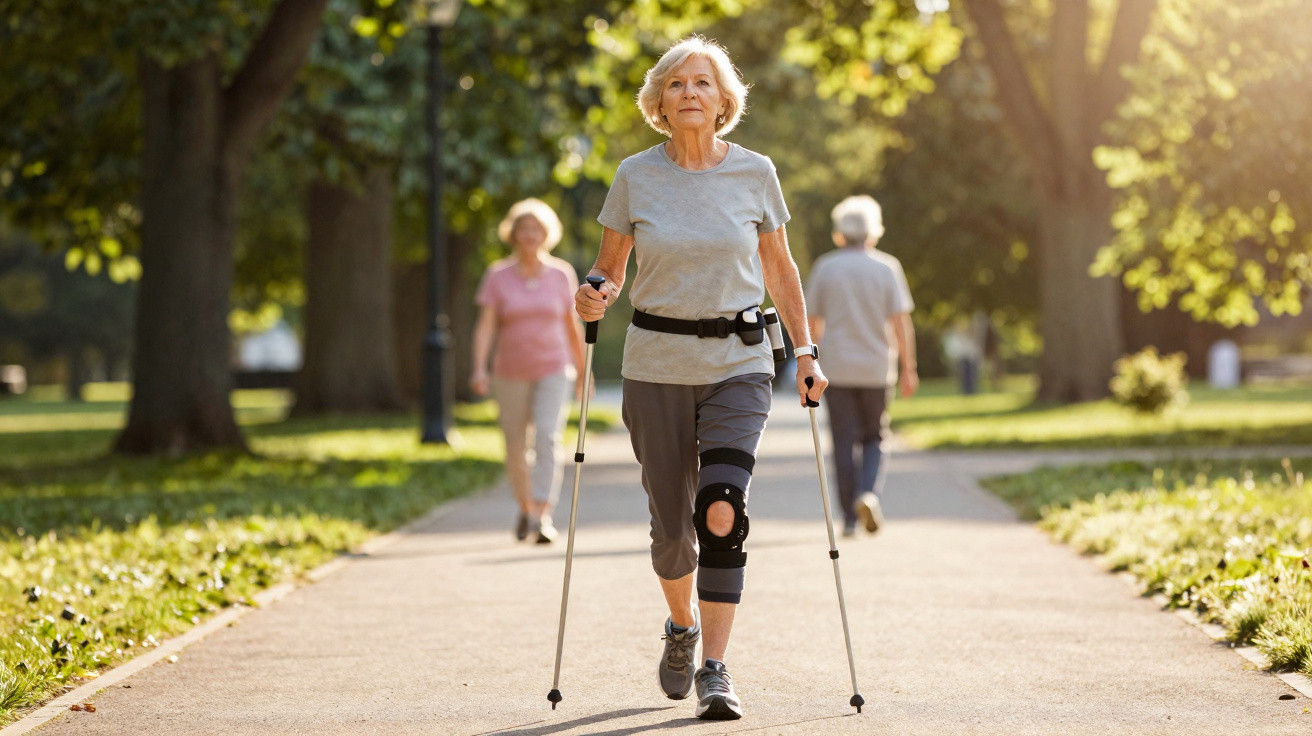 Ältere Frau mit Kniebandage beim Nordic Walking im sonnigen Park, zwei weitere Spaziergänger im Hintergrund.