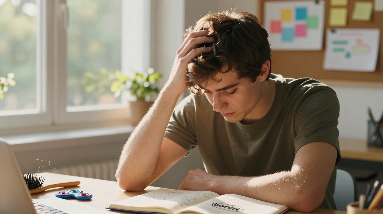 Junger Mann sitzt am Schreibtisch und sieht gelangweilt in ein Buch mit dem Wort „bored“.